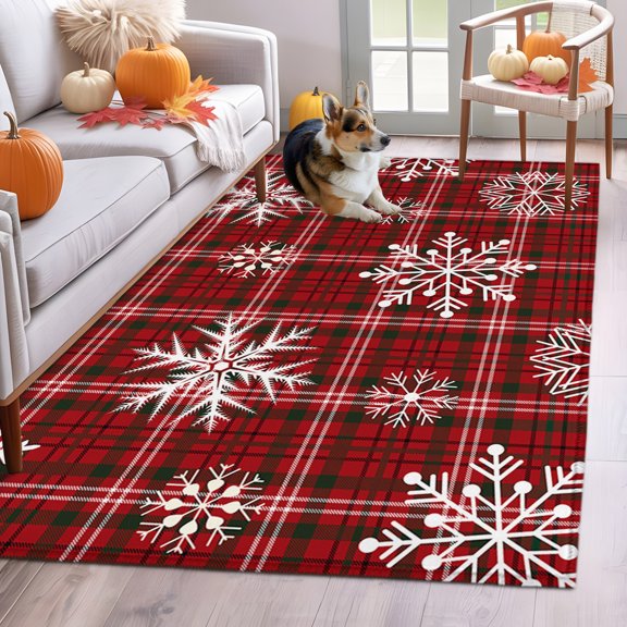 Rectangle Rug 3x5ft Area Rug, Winter Snowflake Christmas Red Buffalo Plaid Area Rugs for Living Room Bedroom, Retro Black Check Floor Mat Non-Slip Non-Shedding Carpet Indoor Accent Rugs