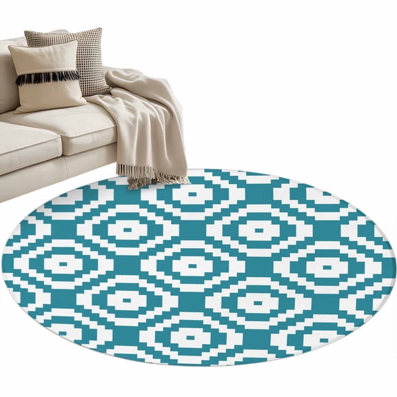 Rectangle Rug 4ft Area Rug, Abstract Geometric Art Teal White Area Rugs for Living Room Bedroom, Square Modern Texture Floor Mat Non-Slip Non-Shedding Carpet Indoor Accent Rugs