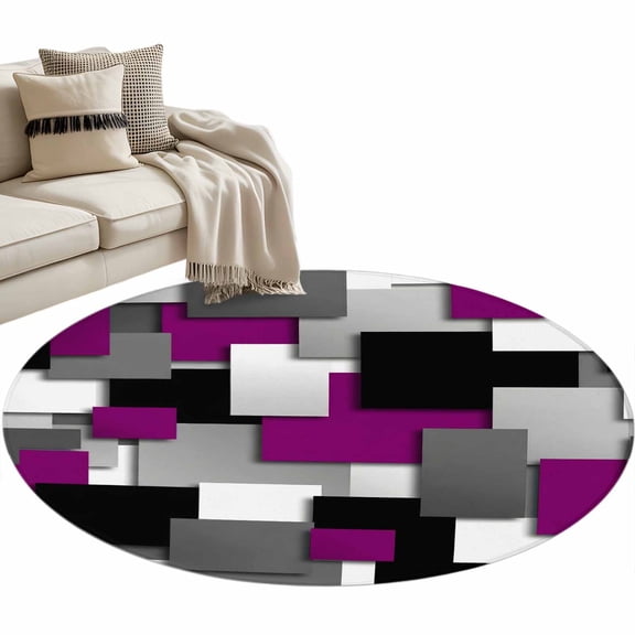 Rectangle Rug 4ft Area Rug, Purple Gray Black Grid Lattice Area Rugs for Living Room Bedroom, Geometric Square Texture Floor Mat Non-Slip Non-Shedding Carpet Indoor Accent Rugs