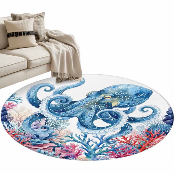 Rectangle Rug 4ft Area Rug, Watercolor Octopus Huge Monster Area Rugs for Living Room Bedroom, Colorful Ocean Coral Seaweed Floor Mat Non-Slip Non-Shedding Carpet Indoor Accent Rugs