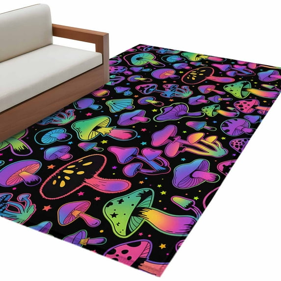 Rectangle Rug 4x6Ft, Abstract Colorful Mushroom on Gradient Soft Non-Slip Washable Felt Carpet Pad, Retro Botantical Area Rugs for Living Room Bedroom Kids Room