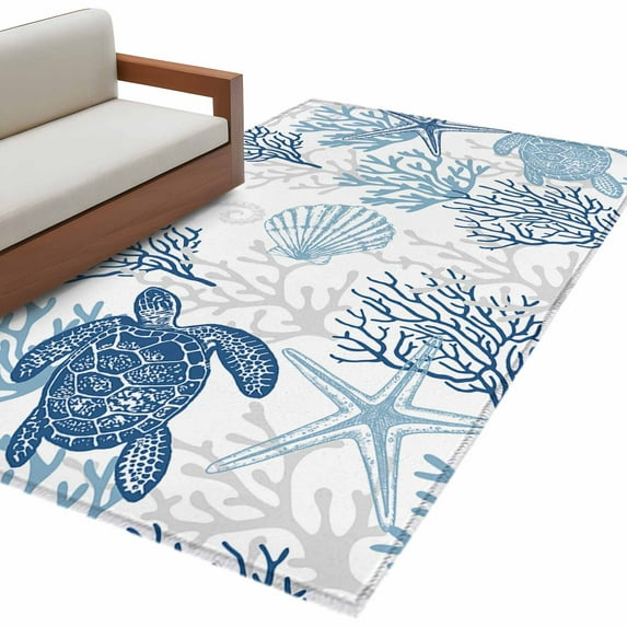 Rectangle Rug 4x6Ft, Ocean Sea Turtle Blue Coral Soft Non-Slip Washable Felt Carpet Pad, Sea Starfish Seahorse Area Rugs for Living Room Bedroom Kids Room