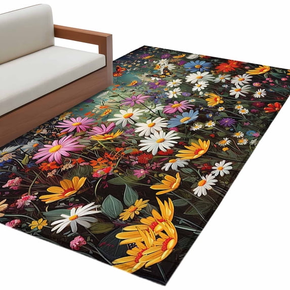 Rectangle Rug 4x6Ft, Watercolor Flower Baskets Butterflies Bushes Soft Non-Slip Washable Felt Carpet Pad, Floral Leaf Area Rugs for Living Room Bedroom Kids Room