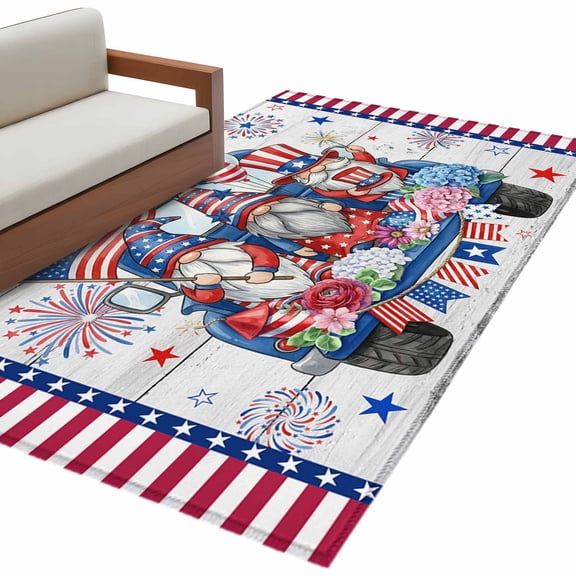 Rectangle Rug 4x6ft Area Rug, 4th of July Blue Truck Gnome Area Rugs for Living Room Bedroom, Flag Star Stripe Wood Plank Floor Mat Non-Shedding Non-Slip Carpet Indoor Accent Rugs