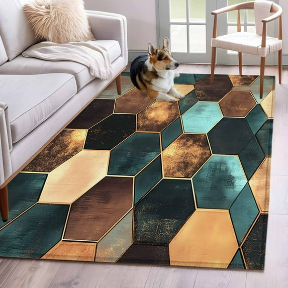 Rectangle Rug 4x6ft Area Rug,Abstract Geometric Colorful Moroccan Area Rugs for Living Room Bedroom,Vintage Hexagon Collage Art Floor Mat Non-Slip Non-Shedding Carpet Indoor Accent Rugs