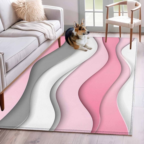 Rectangle Rug 4x6ft Area Rug,Abstract Water Ripple Ombre Art Area Rugs for Living Room Bedroom,Pink Gray White Stripe Floor Mat Non-Slip Non-Shedding Carpet Indoor Accent Rugs