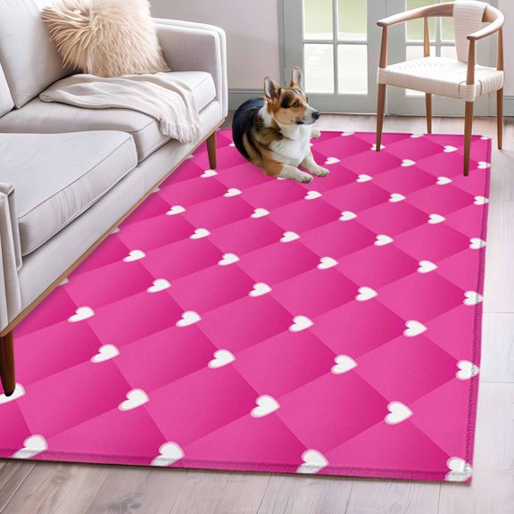 Rectangle Rug 4x6ft Area Rug, Abstract White Heart Geometric Style Area Rugs for Living Room Bedroom, Pink Diamond Pattern Floor Mat Non-Slip Non-Shedding Carpet Indoor Accent Rugs
