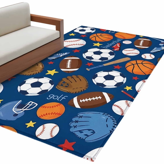 Rectangle Rug 4x6ft Area Rug, Basketball Baseball Football Area Rugs for Living Room Bedroom, Energetic Sports Theme on Blue Floor Mat Non-Shedding Non-Slip Carpet Indoor Accent Rugs