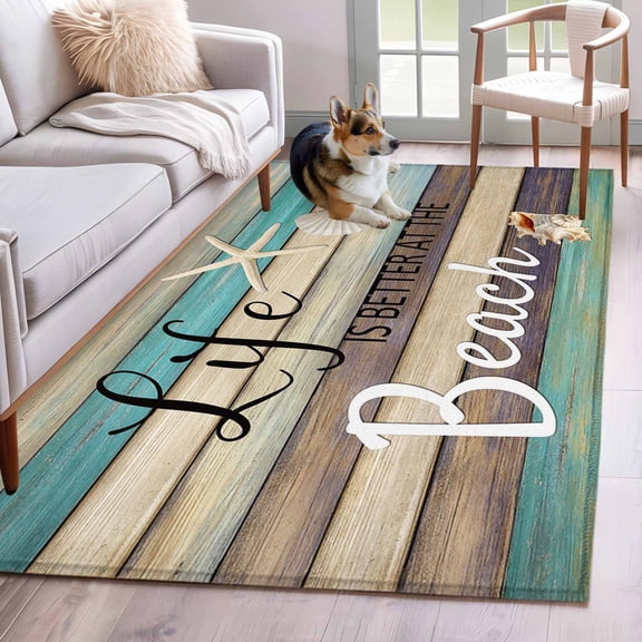 Rectangle Rug 4x6ft Area Rug,Better Beach Life on Wood Area Rugs for Living Room Bedroom,Rustic Wooden Board Floor Mat Non-Slip Non-Shedding Carpet Indoor Accent Rugs