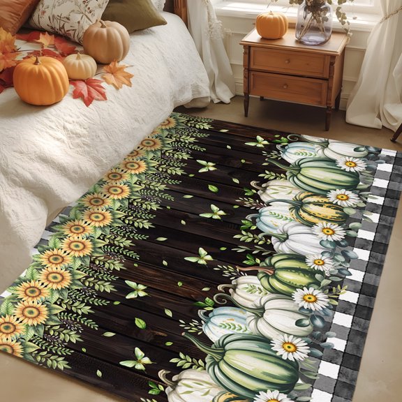 Rectangle Rug 4x6ft Area Rug, Botanical Pumpkin Plant Flower Area Rugs for Living Room Bedroom, Black White Plaid and Yellow Floor Mat Non-Slip Non-Shedding Carpet Indoor Accent Rugs