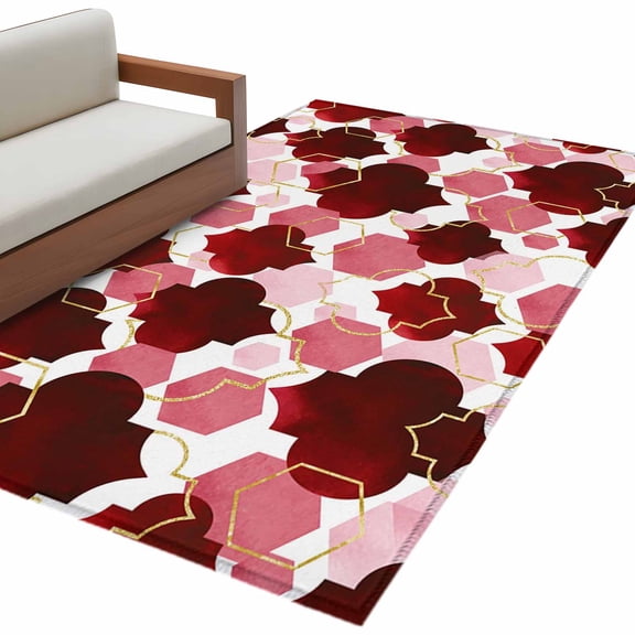 Rectangle Rug 4x6ft Area Rug, Burgundy Red Moroccan Texture Area Rugs for Living Room Bedroom, Retro Geometric Pattern Floor Mat Non-Shedding Non-Slip Carpet Indoor Accent Rugs