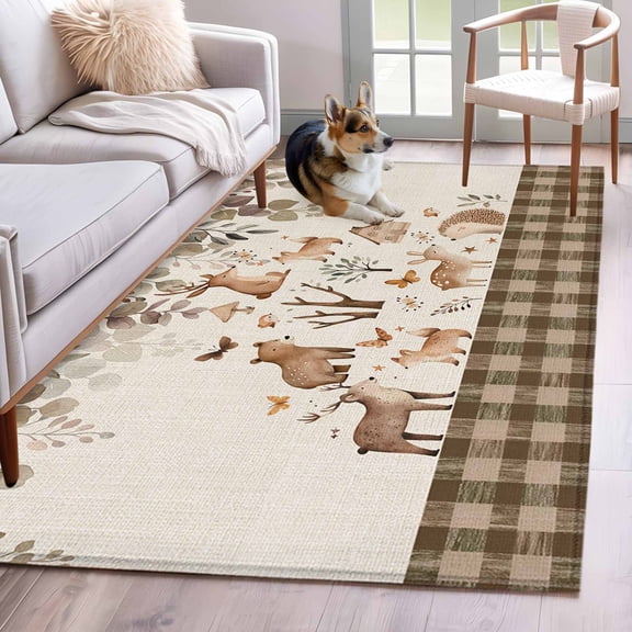 Rectangle Rug 4x6ft Area Rug,Cartoon Deer Bear Hedgehog Area Rugs for Living Room Bedroom,Forest Leaf Animal Retro Linen Plaid Floor Mat Non-Slip Non-Shedding Carpet Indoor Accent Rugs