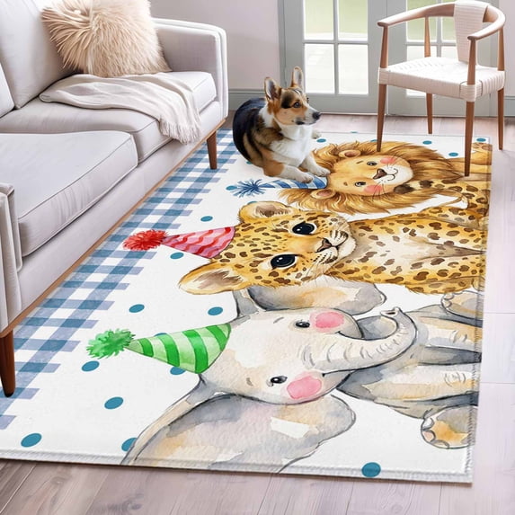 Rectangle Rug 4x6ft Area Rug,Cartoon Elephant Lion Leopard Area Rugs for Living Room Bedroom,Cute Animal Blue Plaid Polka Dot Floor Mat Non-Slip Non-Shedding Carpet Indoor Accent Rugs