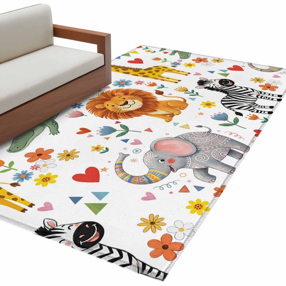 Rectangle Rug 4x6ft Area Rug, Children's Day Lion Elephant Area Rugs for Living Room Bedroom, Giraffe Zebra Crocodile Floor Mat Non-Shedding Non-Slip Carpet Indoor Accent Rugs