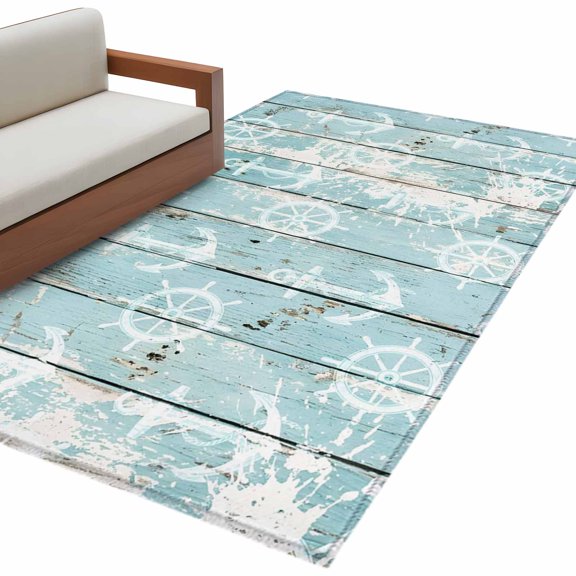 Rectangle Rug 4x6ft Area Rug, Coastal Compass Anchor Seamless Area Rugs for Living Room Bedroom, Nautical Shabby Wood Plank Floor Mat Non-Shedding Non-Slip Carpet Indoor Accent Rugs