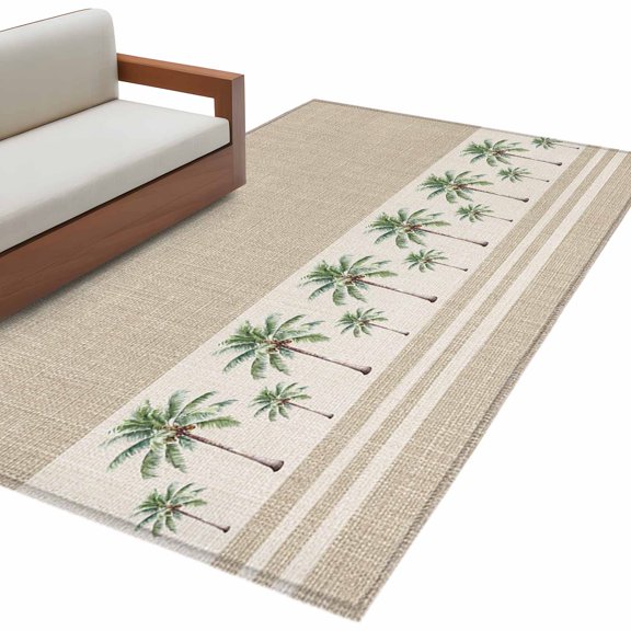 Rectangle Rug 4x6ft Area Rug, Coastal Green Palm Trees on Vintage Linen Area Rugs for Living Room Bedroom, Tropical Pants Floor Mat Non-Shedding Non-Slip Carpet Indoor Accent Rugs