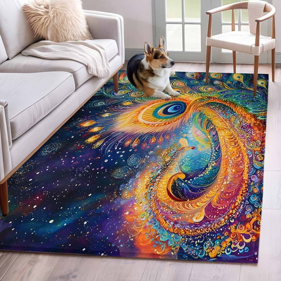 Rectangle Rug 4x6ft Area Rug, Cosmic Peacock Feathers Area Rugs for Living Room Bedroom, Galaxy Background Floor Mat Non-Slip Non-Shedding Carpet Indoor Accent Rugs
