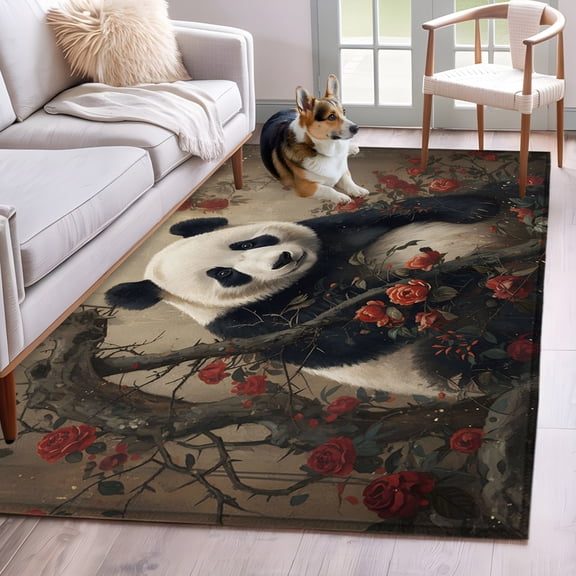 Rectangle Rug 4x6ft Area Rug, Cute Animals Panda Area Rugs for Living Room Bedroom, Red Roses Floral Art Floor Mat Non-Slip Non-Shedding Carpet Indoor Accent Rugs