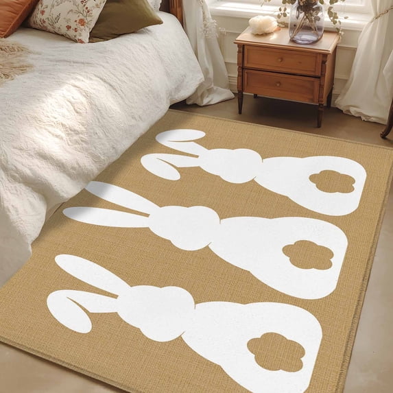 Rectangle Rug 4x6ft Area Rug, Easter Bunny on Retro Linen Area Rugs for Living Room Bedroom, Farmhouse Cute Rabbit Floor Mat Non-Slip Non-Shedding Carpet Indoor Accent Rugs