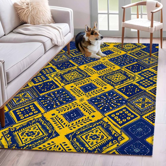 Rectangle Rug 4x6ft Area Rug, Ethnic Abstract Geometric Art Area Rugs for Living Room Bedroom, Yellow Navy Blue Rhombus Floor Mat Non-Slip Non-Shedding Carpet Indoor Accent Rugs