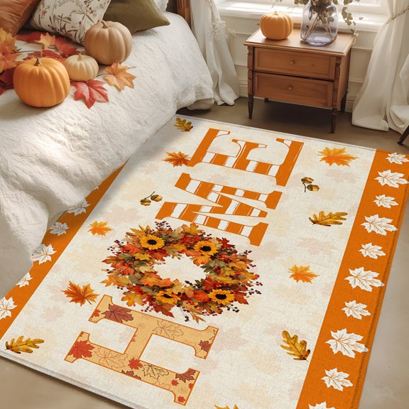 Rectangle Rug 4x6ft Area Rug, Fall Maple Leaf Thanksgiving Wreath Area Rugs for Living Room Bedroom, Home Quote Vintage Linen Floor Mat Non-Slip Non-Shedding Carpet Indoor Accent Rugs