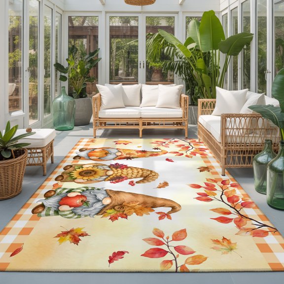 Rectangle Rug 4x6ft Area Rug, Fall Thanksgiving Pumpkin Dwarf Area Rugs for Living Room Bedroom, Country Maple Leaves Floor Mat Non-Slip Non-Shedding Carpet Indoor Accent Rugs