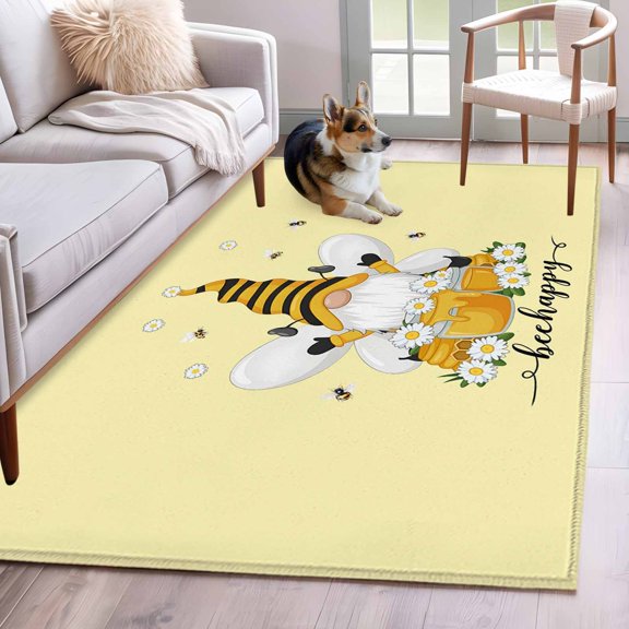 Rectangle Rug 4x6ft Area Rug, Farm Bee Dwarf Vintage Linen Area Rugs for Living Room Bedroom, Blossom Daisy on Yellow Floor Mat Non-Slip Non-Shedding Carpet Indoor Accent Rugs