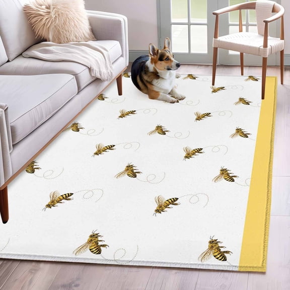 Rectangle Rug 4x6ft Area Rug,Farm Honey Bee Swirling Yellow Area Rugs for Living Room Bedroom,Rustic Seamless Insects Floor Mat Non-Slip Non-Shedding Carpet Indoor Accent Rugs