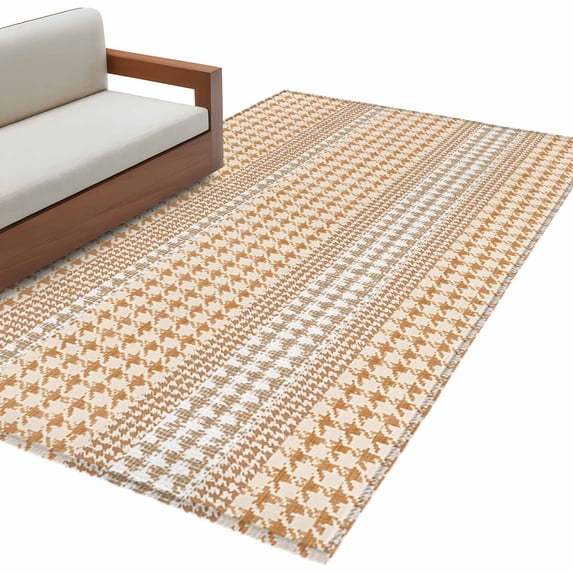 Rectangle Rug 4x6ft Area Rug, Farm Lattice Houndstooth Pattern Area Rugs for Living Room Bedroom, Rustic Beige Khaki Plaid Floor Mat Non-Shedding Non-Slip Carpet Indoor Accent Rugs