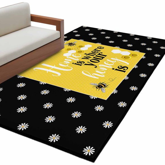 Rectangle Rug 4x6ft Area Rug, Farmhouse Bee Honeycomb Yellow Area Rugs for Living Room Bedroom, Honey Home Quote Polka Dot Floor Mat Non-Shedding Non-Slip Carpet Indoor Accent Rugs
