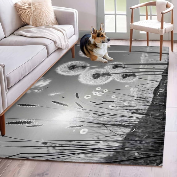 Rectangle Rug 4x6ft Area Rug,Farmhouse Grey Field Dandelion Rural Plant Area Rugs for Living Room Bedroom,Idyllic Botanical Floor Mat Non-Slip Non-Shedding Carpet Indoor Accent Rugs