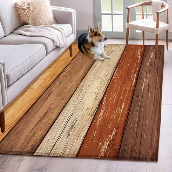 Rectangle Rug 4x6ft Area Rug,Farmhouse Orange Brown Wood Grain Area Rugs for Living Room Bedroom,Vintage Wood Board Floor Mat Non-Slip Non-Shedding Carpet Indoor Accent Rugs