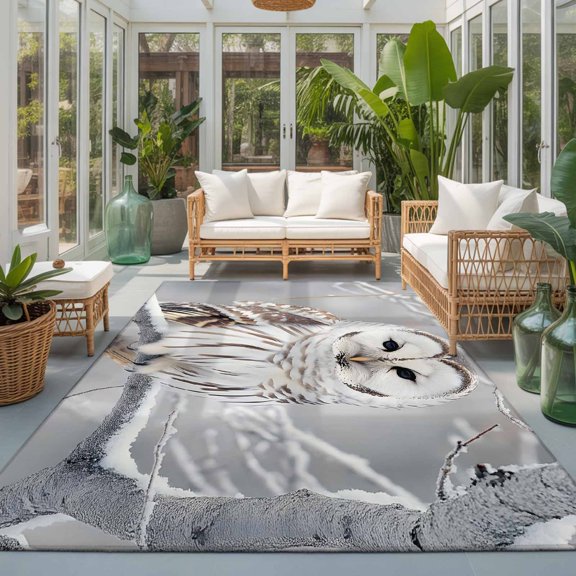 Rectangle Rug 4x6ft Area Rug, Farmhouse Owl on Tree Branch Area Rugs for Living Room Bedroom, Winter Bird Natural Scenery Floor Mat Non-Slip Non-Shedding Carpet Indoor Accent Rugs