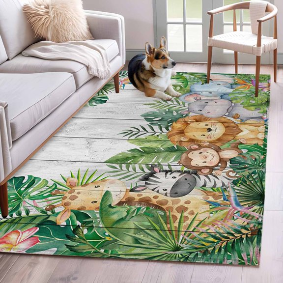 Rectangle Rug 4x6ft Area Rug,Giraffe Zebra Monkey Lion Area Rugs for Living Room Bedroom,Animal Theme Tropical Plant Floor Mat Non-Slip Non-Shedding Carpet Indoor Accent Rugs