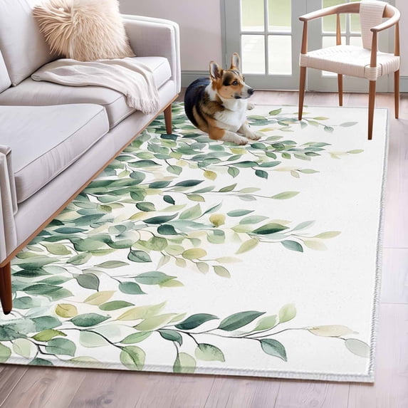 Rectangle Rug 4x6ft Area Rug,Green Watercolor Eucalyptus Leaves Area Rugs for Living Room Bedroom,Spring Foliage on White Floor Mat Non-Slip Non-Shedding Carpet Indoor Accent Rugs