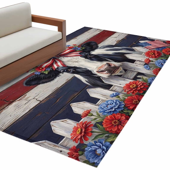 Rectangle Rug 4x6ft Area Rug, Independence Day Farm Cow Knot Area Rugs for Living Room Bedroom, Flower Retro Wood Grain Floor Mat Non-Shedding Non-Slip Carpet Indoor Accent Rugs