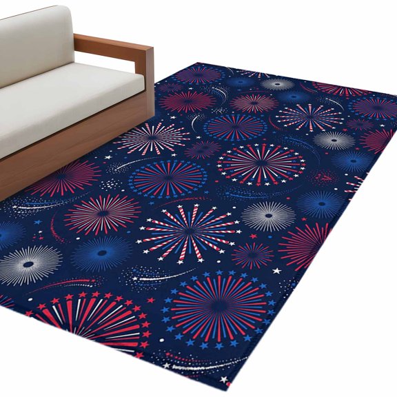 Rectangle Rug 4x6ft Area Rug, Independence Day Firework Area Rugs for Living Room Bedroom, Circular Fireworks on Blue Floor Mat Non-Shedding Non-Slip Carpet Indoor Accent Rugs