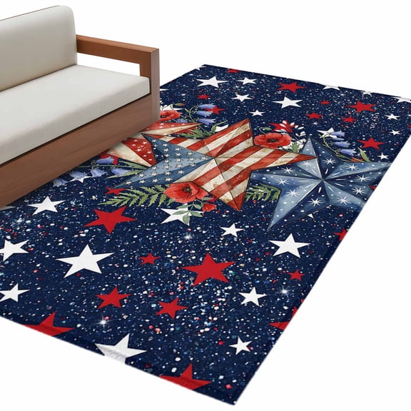 Rectangle Rug 4x6ft Area Rug, Independence Day Star Retro Area Rugs for Living Room Bedroom, Memorial Day Floral Floor Mat Non-Shedding Non-Slip Carpet Indoor Accent Rugs