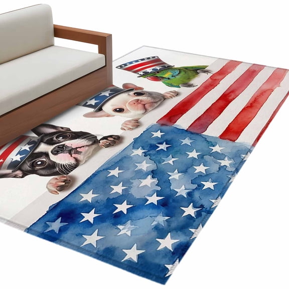 Rectangle Rug 4x6ft Area Rug, Independence Day USA Flag Area Rugs for Living Room Bedroom, Patriotic Bulldog Parrot Floor Mat Non-Shedding Non-Slip Carpet Indoor Accent Rugs