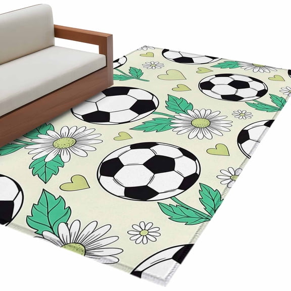 Rectangle Rug 4x6ft Area Rug, Modern Black White Football Area Rugs for Living Room Bedroom, Boho Daisy Flower Love Heart Floor Mat Non-Shedding Non-Slip Carpet Indoor Accent Rugs