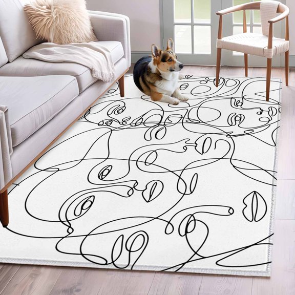 Rectangle Rug 4x6ft Area Rug,Modern Character Face Abstract Line Arts Area Rugs for Living Room Bedroom,White Floor Mat Non-Slip Non-Shedding Carpet Indoor Accent Rugs