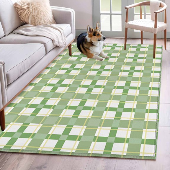 Rectangle Rug 4x6ft Area Rug, Modern Green White Abstract Plaid Area Rugs for Living Room Bedroom, Chic Buffalo Tartan Floor Mat Non-Slip Non-Shedding Carpet Indoor Accent Rugs