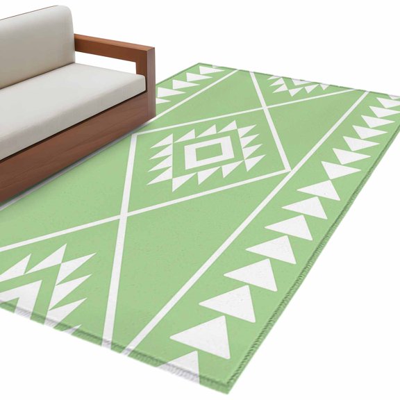Rectangle Rug 4x6ft Area Rug, Modern Green White Geometric Art Area Rugs for Living Room Bedroom, Ethnic Tribal Triangle Floor Mat Non-Shedding Non-Slip Carpet Indoor Accent Rugs