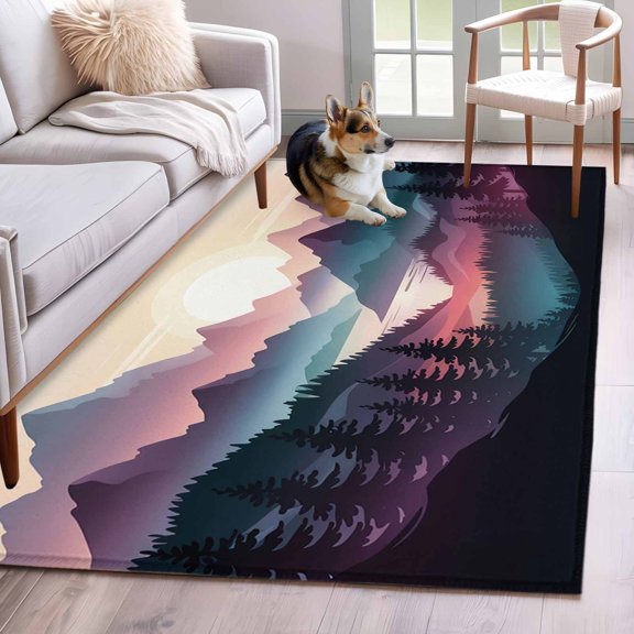 Rectangle Rug 4x6ft Area Rug,Modern Mountain Sunrise Tree Area Rugs for Living Room Bedroom,Forest Natural Landscape Floor Mat Non-Slip Non-Shedding Carpet Indoor Accent Rugs