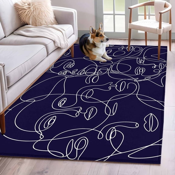 Rectangle Rug 4x6ft Area Rug, Modern White Line Character Face Area Rugs for Living Room Bedroom, Abstract Purple Floor Mat Non-Slip Non-Shedding Carpet Indoor Accent Rugs