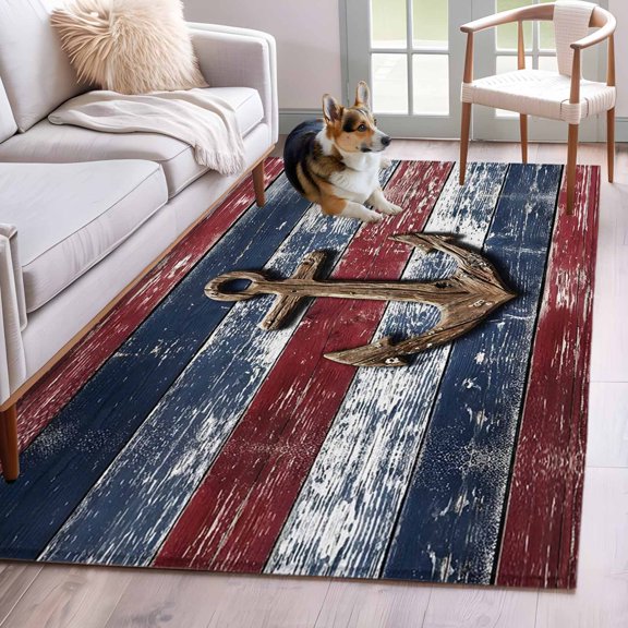 Rectangle Rug 4x6ft Area Rug, Nautical Anchor Dark Red Blue Wood Area Rugs for Living Room Bedroom, Farm Rustic Wooden Plank Floor Mat Non-Slip Non-Shedding Carpet Indoor Accent Rugs
