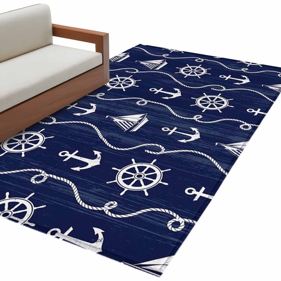 Rectangle Rug 4x6ft Area Rug, Nautical Anchor Sailboat Area Rugs for Living Room Bedroom, Deep Navy Blue Background Floor Mat Non-Shedding Non-Slip Carpet Indoor Accent Rugs