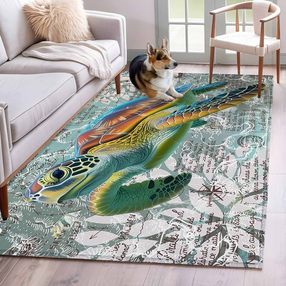 Rectangle Rug 4x6ft Area Rug,Ocean Sea Turtle Nautical Map Area Rugs for Living Room Bedroom,Underwater Marine Life Floor Mat Non-Slip Non-Shedding Carpet Indoor Accent Rugs