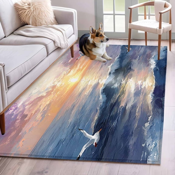 Rectangle Rug 4x6ft Area Rug,Ocean Sunset Scene Oil Painting Area Rugs for Living Room Bedroom,Marine Beach Seagull Floor Mat Non-Slip Non-Shedding Carpet Indoor Accent Rugs