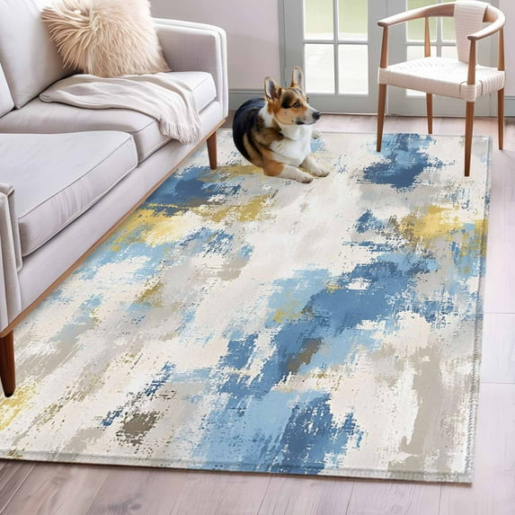 Rectangle Rug 4x6ft Area Rug,Retro Abstract Artwork Area Rugs for Living Room Bedroom,Blue Yellow Gray Art Pattern Floor Mat Non-Slip Non-Shedding Carpet Indoor Accent Rugs